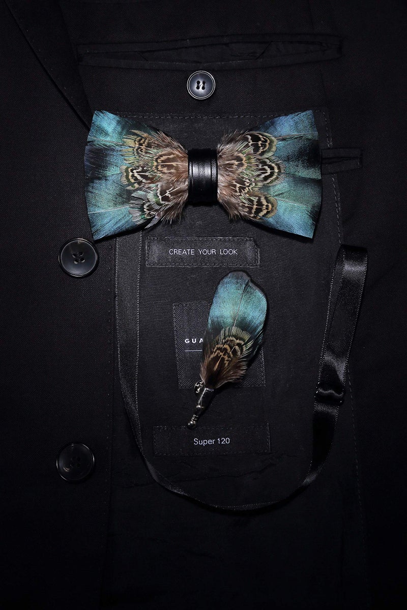 RBOCOTT Blue Feather Pre-tied Bow tie Leather Bowtie and Brooch Sets for Men(1) - Image 2